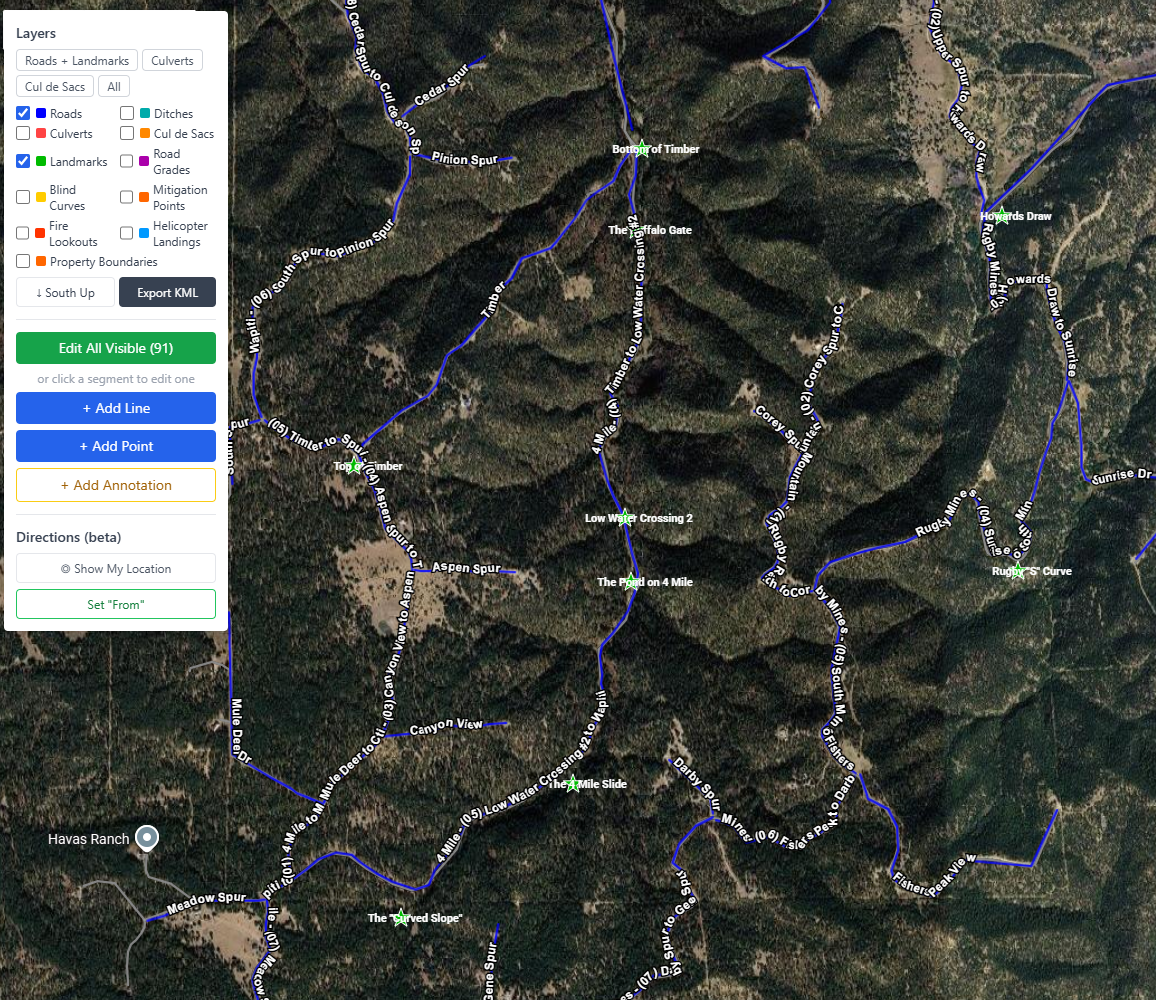 GROOM road management — satellite map with virtual landmark markers for field crew navigation